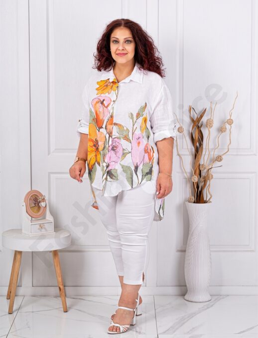 Plus size λινό πουκάμισο φλοράλ-λευκό-κωδ 13109
