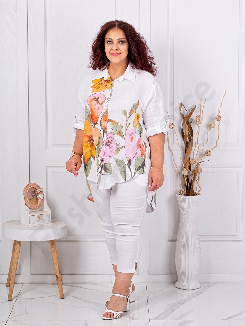 Plus size λινό πουκάμισο φλοράλ-λευκό-κωδ 13109