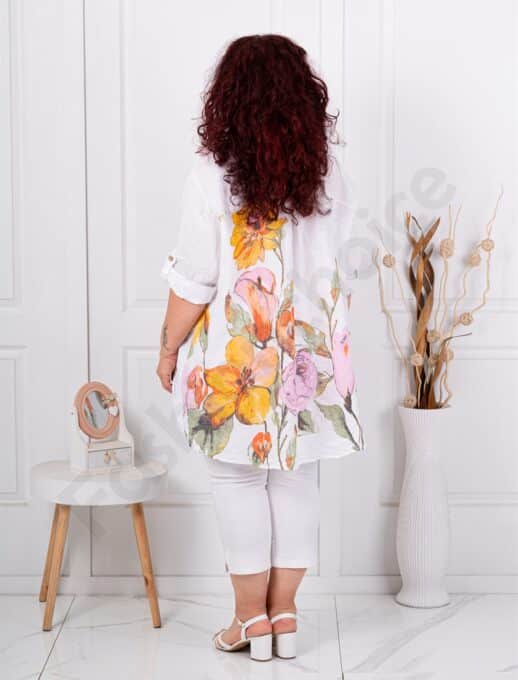Plus size λινό πουκάμισο φλοράλ-λευκό-κωδ 13109