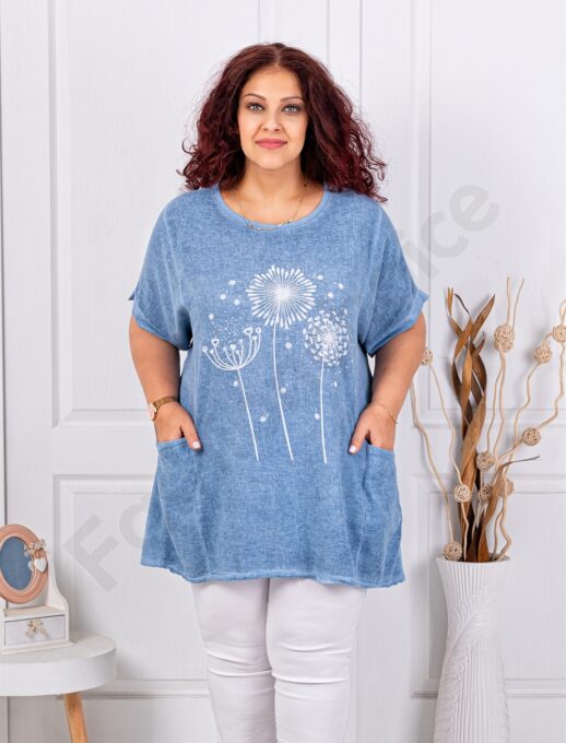 Plus size βαμβακερή/λινή μπλούζα με τσέπες-μπλε ραφ-κωδ 267390-6