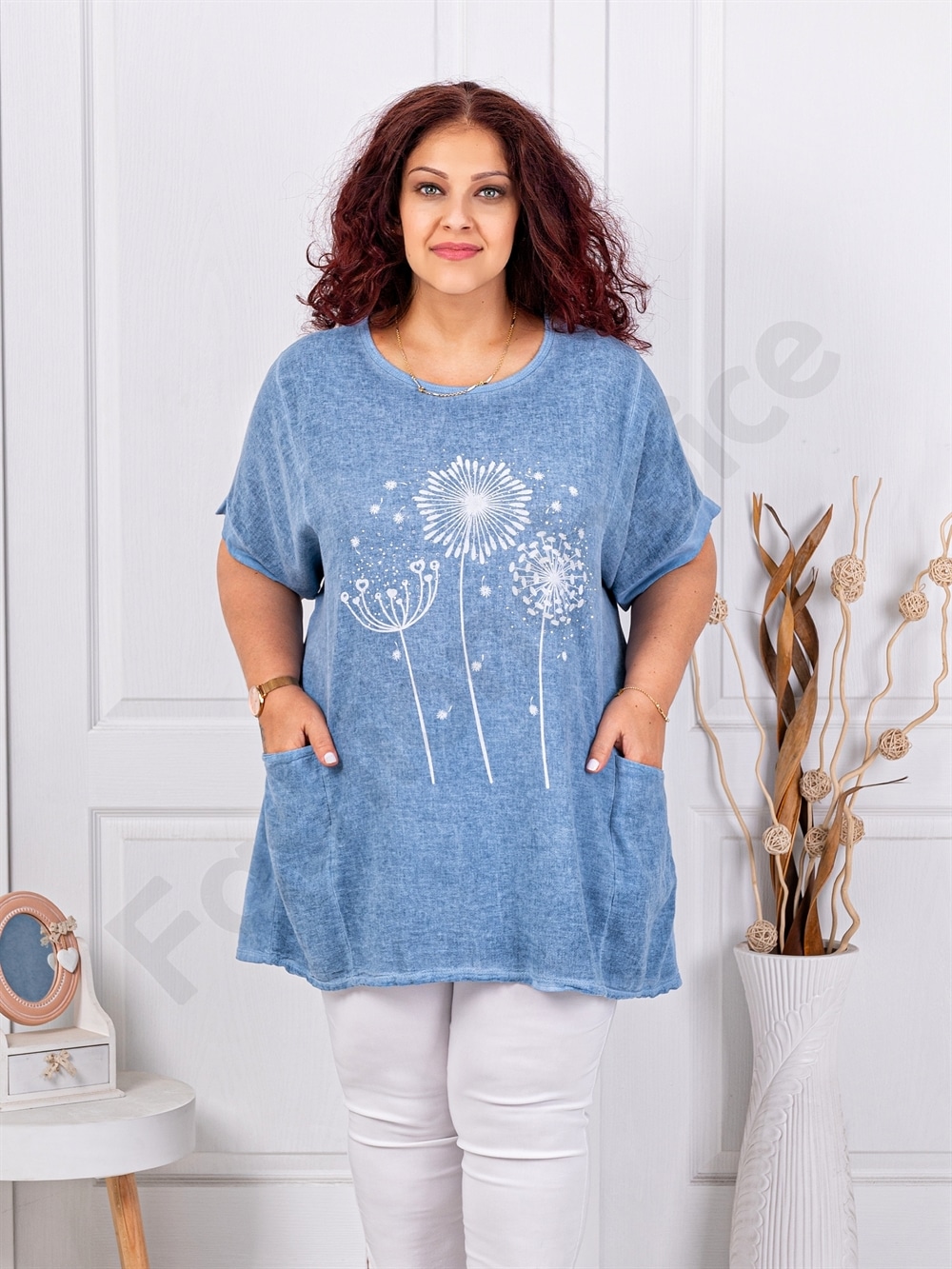 Plus size βαμβακερή/λινή μπλούζα με τσέπες-μπλε ραφ-κωδ 267390-6