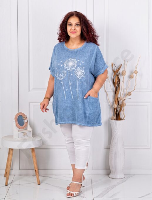 Plus size βαμβακερή/λινή μπλούζα με τσέπες-μπλε ραφ-κωδ 267390-6
