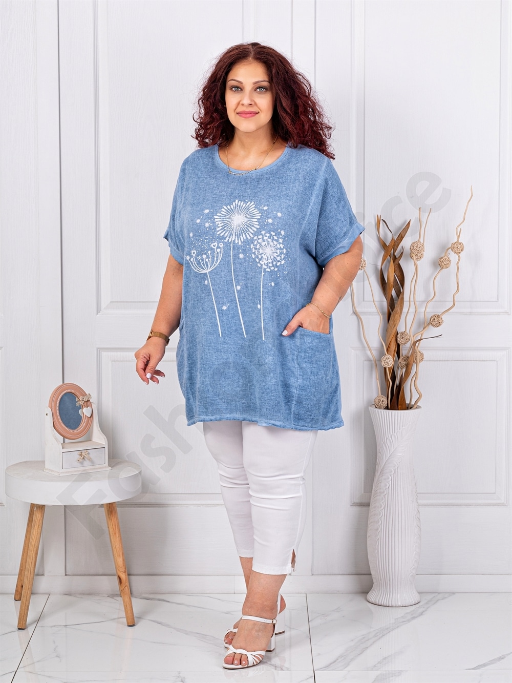 Plus size βαμβακερή/λινή μπλούζα με τσέπες-μπλε ραφ-κωδ 267390-6