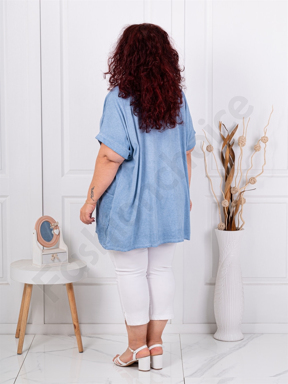 Plus size βαμβακερή/λινή μπλούζα με τσέπες-μπλε ραφ-κωδ 267390-6