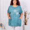 Plus size βαμβακερή/λινή μπλούζα με τσέπες-πετρόλ-κωδ 267390-5
