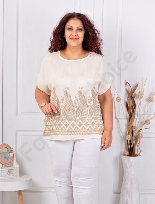 Plus size μπλούζα με χρυσό κέντημα-μπεζ-κωδ 8999-3