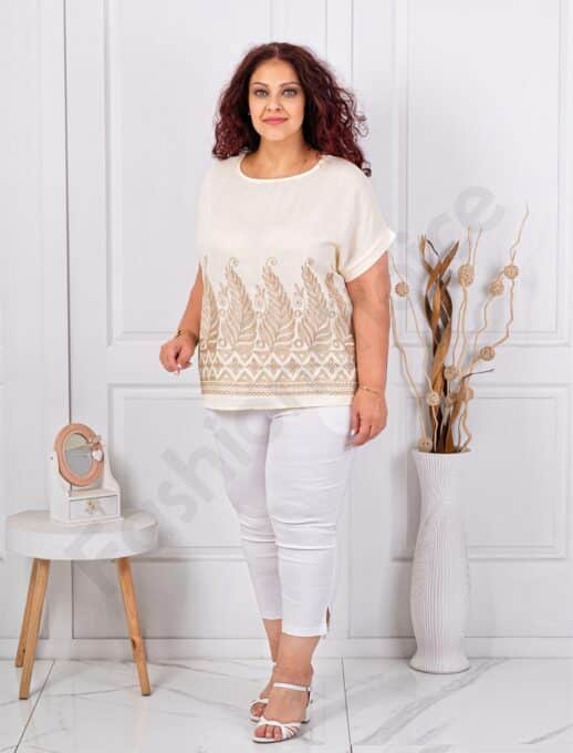 Plus size μπλούζα με χρυσό κέντημα-μπεζ-κωδ 8999-3