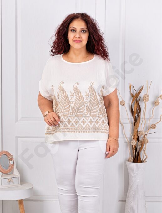 Plus size μπλούζα με χρυσό κέντημα-εκρού-κωδ 8999-1