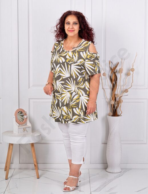 Plus size μπλούζα με άνοιγμα στους ώμους Tropical-χακί-κωδ 25013-3
