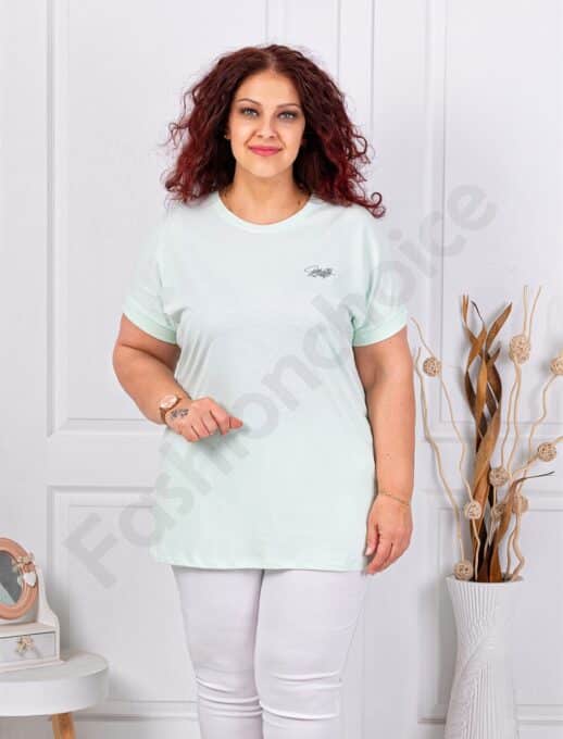 Plus size κοντομάνικη μπλούζα με διακριτικό τύπωμα-μέντα-κωδ 6965-7