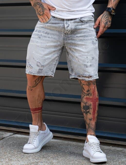 Ανδρική τζιν βερμούδα BOYFRIEND FIT με σκισίματα και πιτσιλιές-γκρι-κωδ 8492