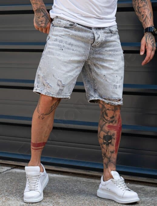 Ανδρική τζιν βερμούδα BOYFRIEND FIT με σκισίματα και πιτσιλιές-γκρι-κωδ 8492