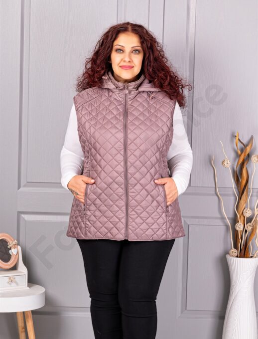 Plus size αμάνικο μπουφάν με κουκούλα-μόκα-κωδ 5011-1