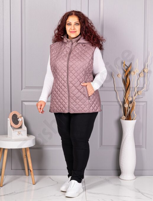 Plus size αμάνικο μπουφάν με κουκούλα-μόκα-κωδ 5011-1