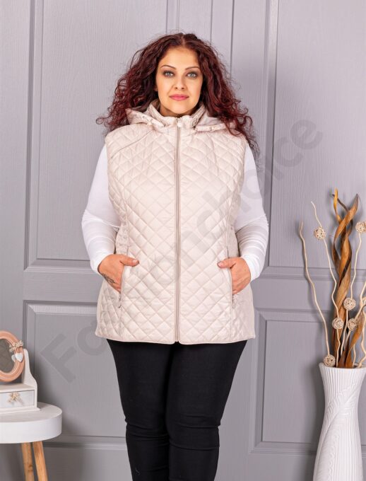 Plus size αμάνικο μπουφάν με κουκούλα-εκρού-κωδ 5011-3