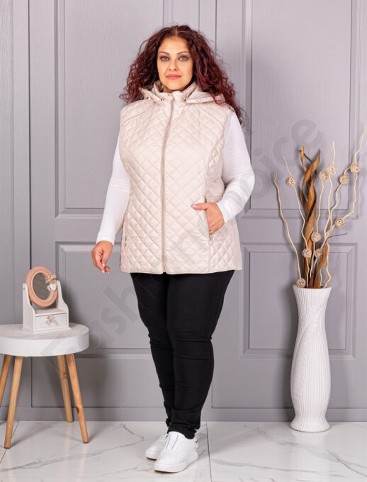 Plus size αμάνικο μπουφάν με κουκούλα-εκρού-κωδ 5011-3