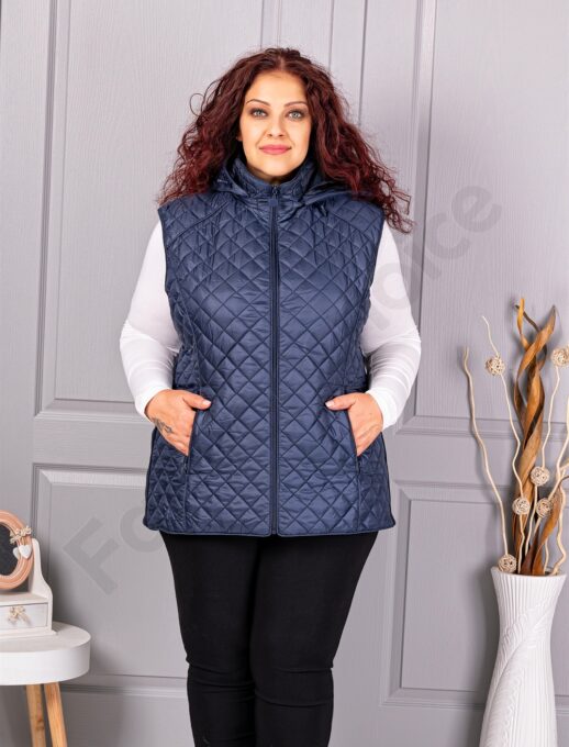 Plus size αμάνικο μπουφάν με κουκούλα-μπλε σκούρο-κωδ 5011-2