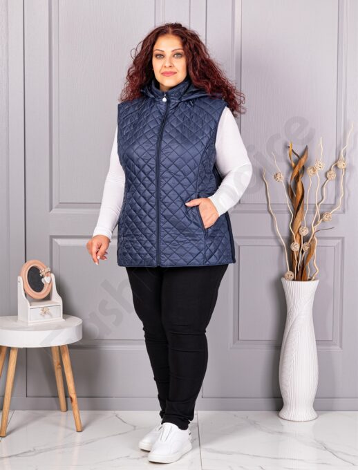 Plus size αμάνικο μπουφάν με κουκούλα-μπλε σκούρο-κωδ 5011-2
