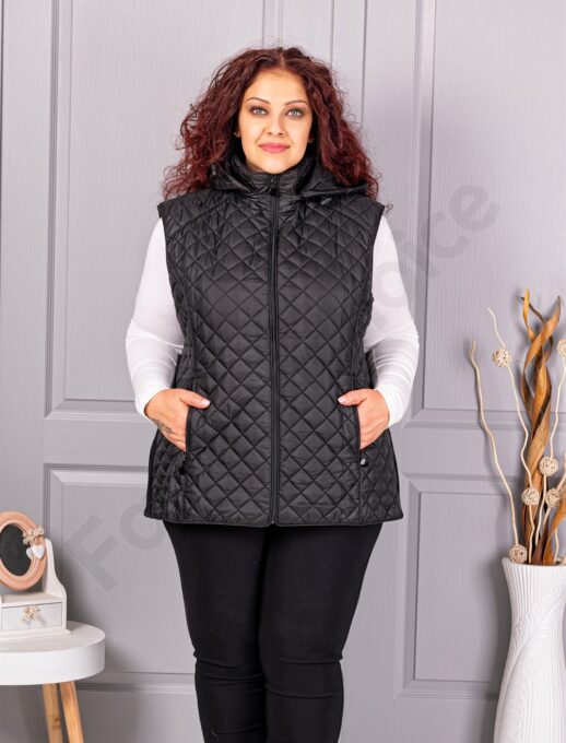 Plus size αμάνικο μπουφάν με κουκούλα-μαύρο-κωδ 5011