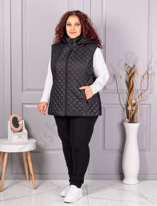 Plus size αμάνικο μπουφάν με κουκούλα-μαύρο-κωδ 5011