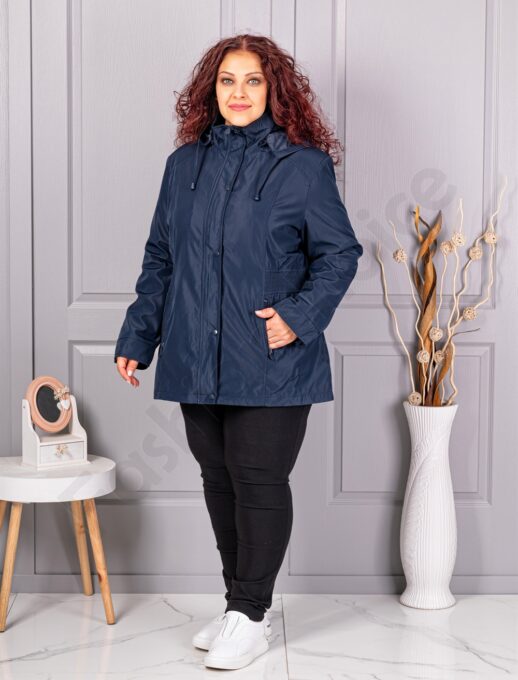 Plus size ελαφρύ μπουφάν με κουκούλα-μπλε σκούρο-κωδ 5726-2