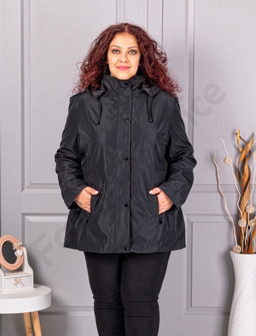 Plus size ελαφρύ μπουφάν με κουκούλα-μαύρο-κωδ 5726