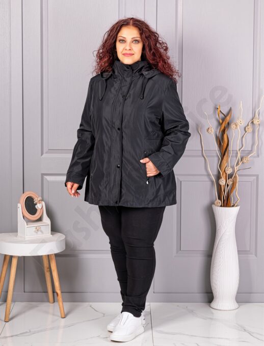 Plus size ελαφρύ μπουφάν με κουκούλα-μαύρο-κωδ 5726