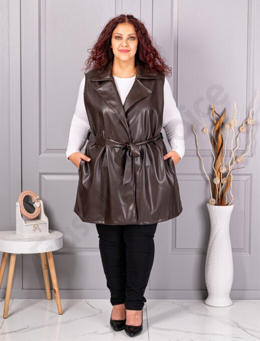 Plus size γιλέκο με όψη δέρματος-καφέ-κωδ 52592-2