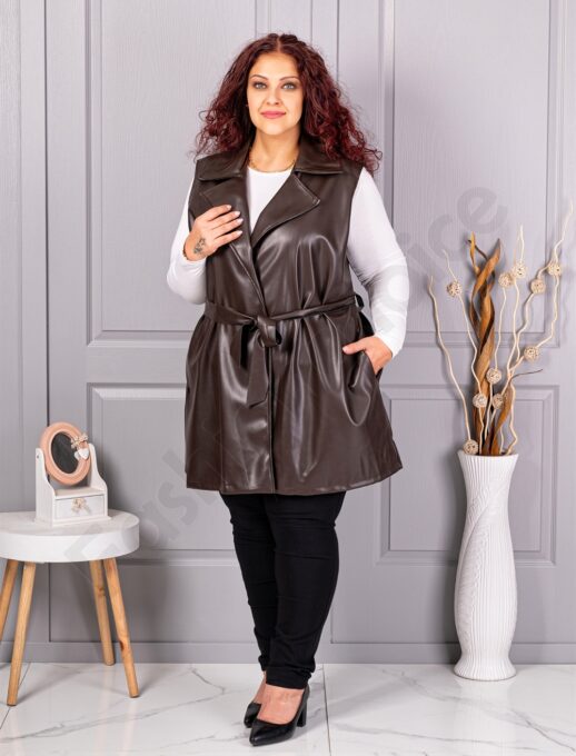 Plus size γιλέκο με όψη δέρματος-καφέ-κωδ 52592-2