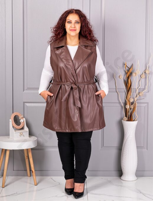 Plus size γιλέκο με όψη δέρματος-μόκα-κωδ 52592-6