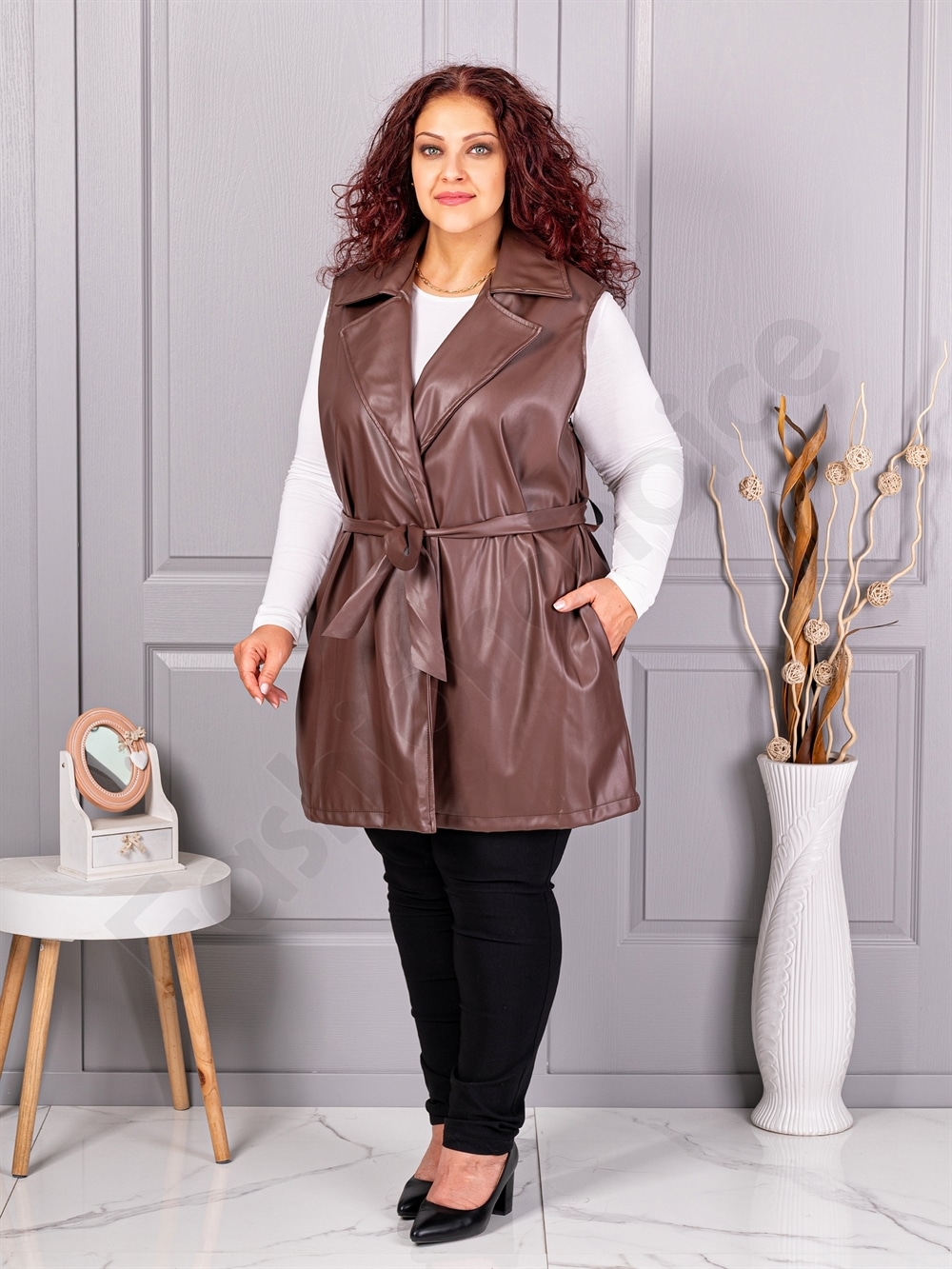 Plus size γιλέκο με όψη δέρματος-μόκα-κωδ 52592-6