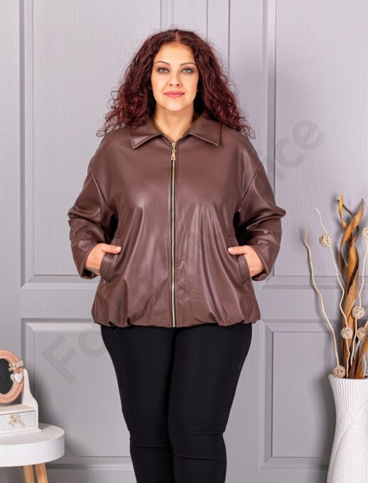 Plus size τζάκετ σε όψη δερματίνης-καφέ-κωδ 5252-1