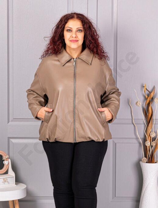 Plus size τζάκετ σε όψη δερματίνης-μόκα-κωδ 5252-3