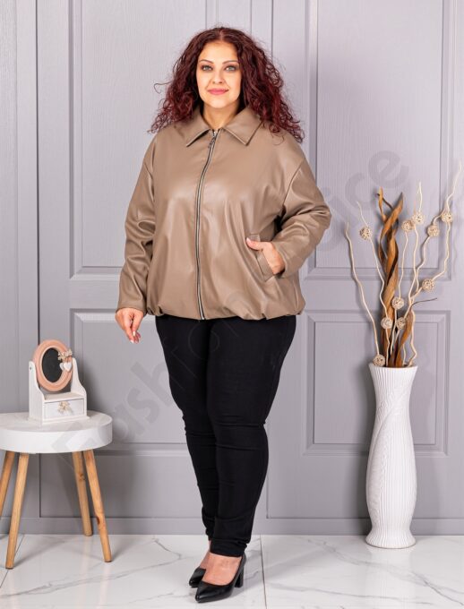 Plus size τζάκετ σε όψη δερματίνης-μόκα-κωδ 5252-3