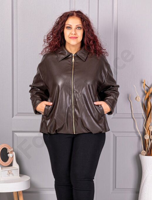 Plus size τζάκετ σε όψη δερματίνης-σκούρο καφέ-κωδ 5252-5