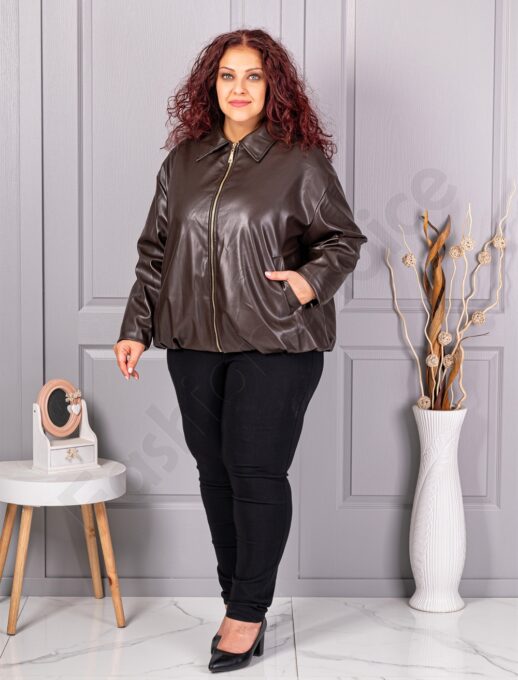 Plus size τζάκετ σε όψη δερματίνης-σκούρο καφέ-κωδ 5252-5