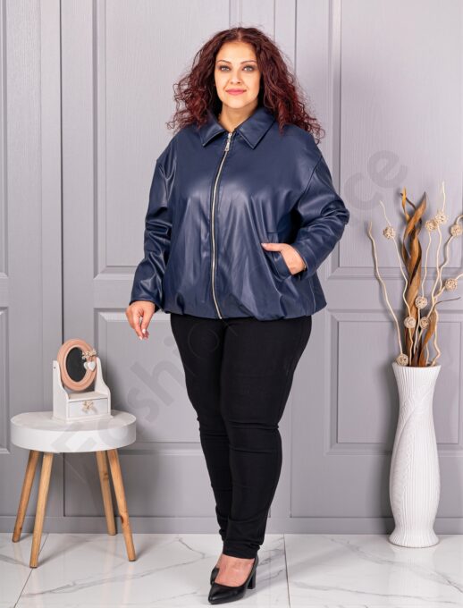 Plus size τζάκετ σε όψη δερματίνης-μπλε σκούρο-κωδ 5252-4