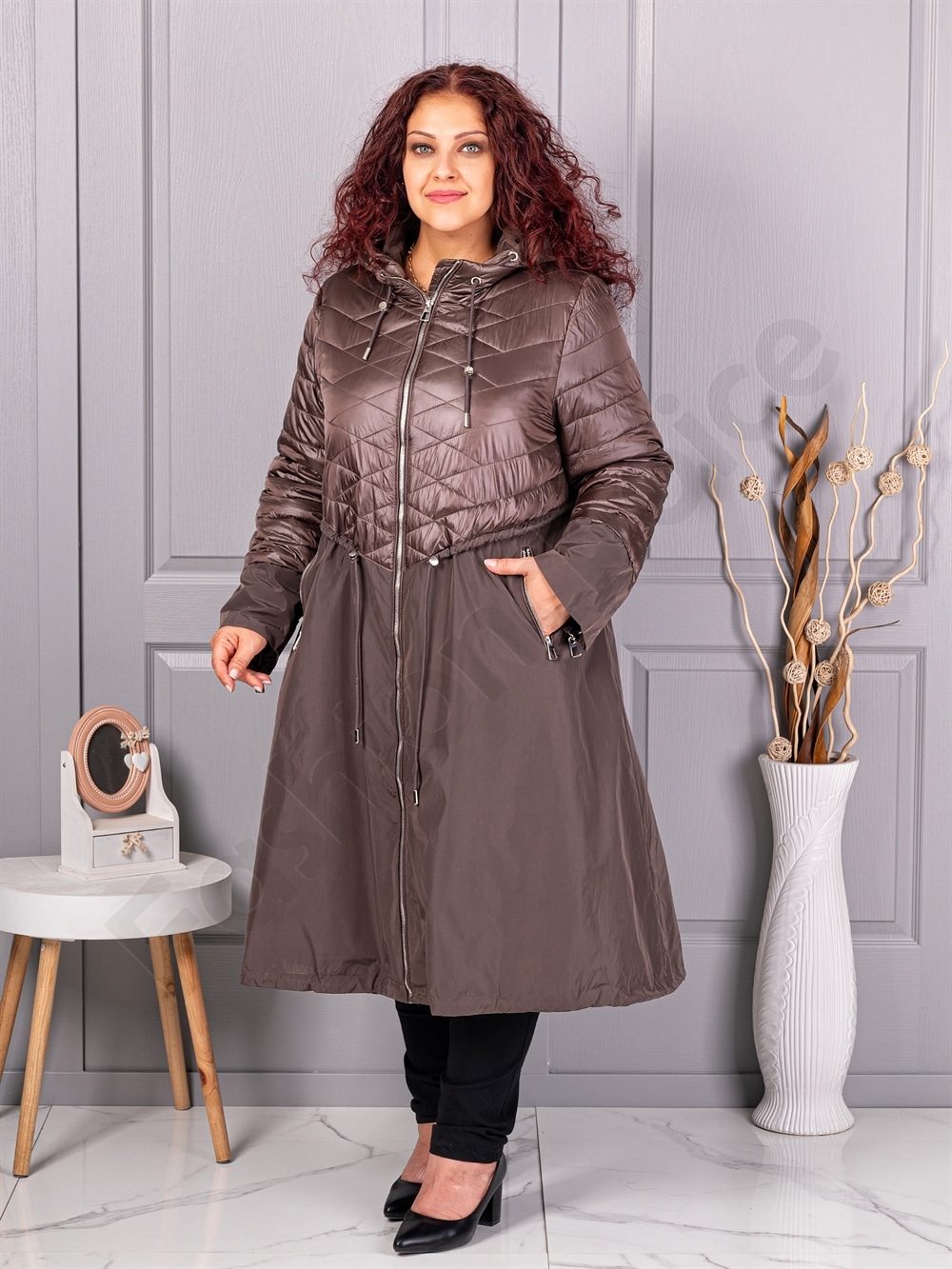 Plus size καπιτονέ καμπαρντίνα-καφέ-κωδ 2967-1
