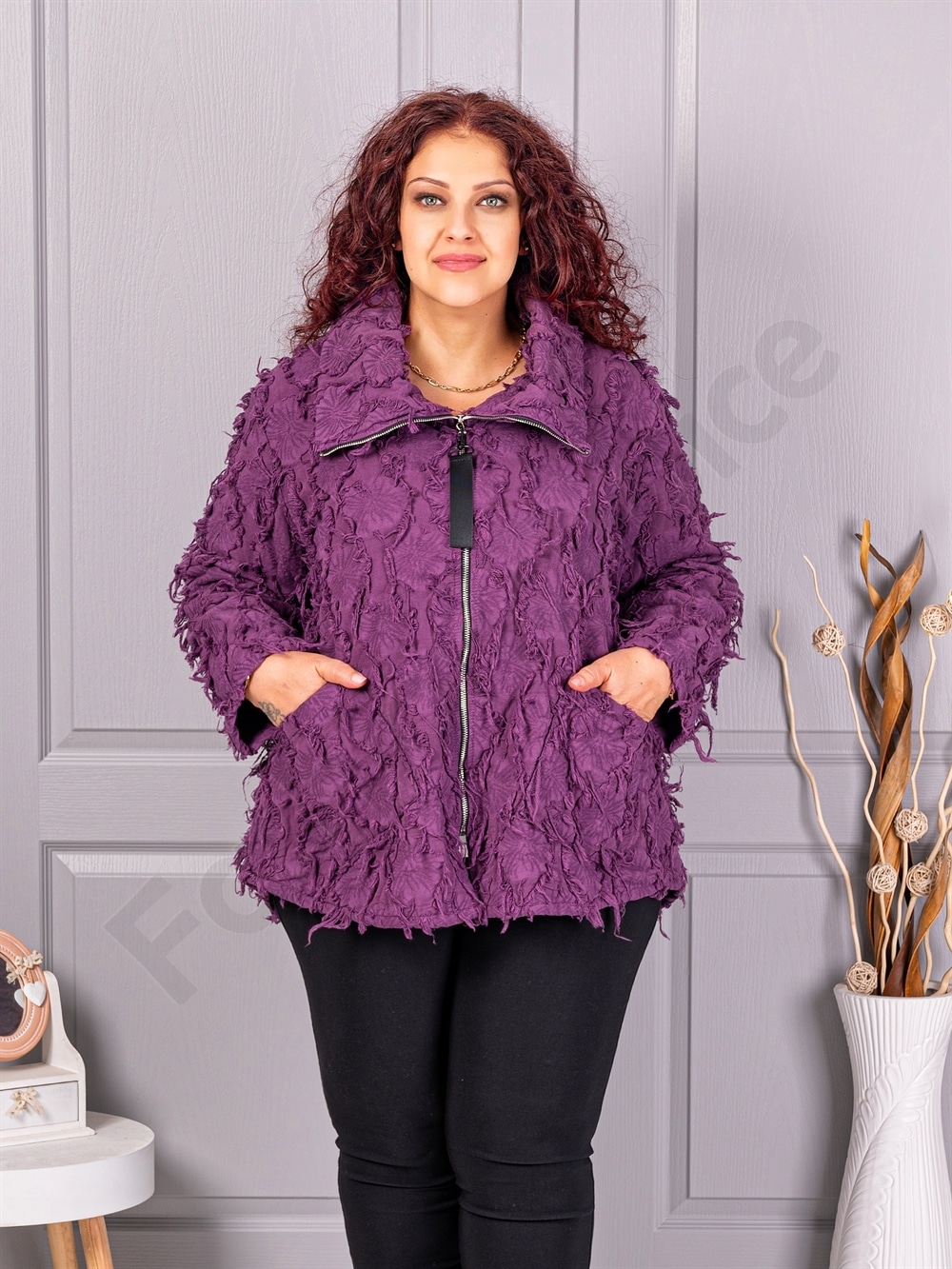Plus size ζακέτα με ιδιαίτερη 3D υφή-μωβ-κωδ 92331-6