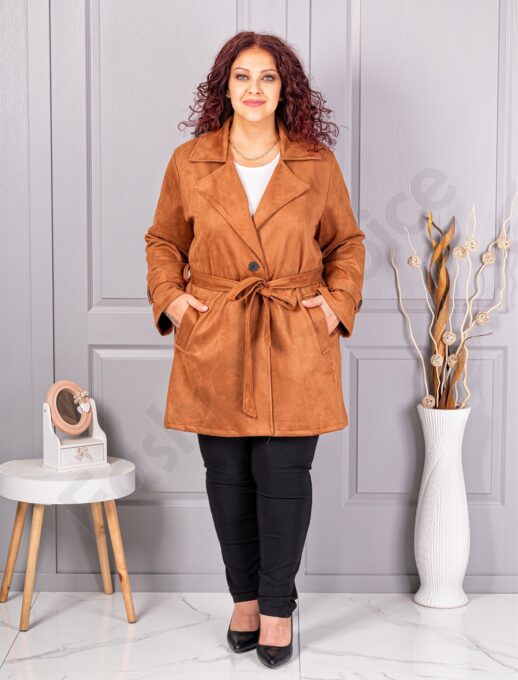 Plus size καμπαρντίνα με όψη καστόρ-καμηλό-κωδ 52412-2