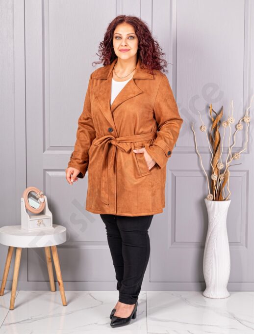 Plus size καμπαρντίνα με όψη καστόρ-καμηλό-κωδ 52412-2