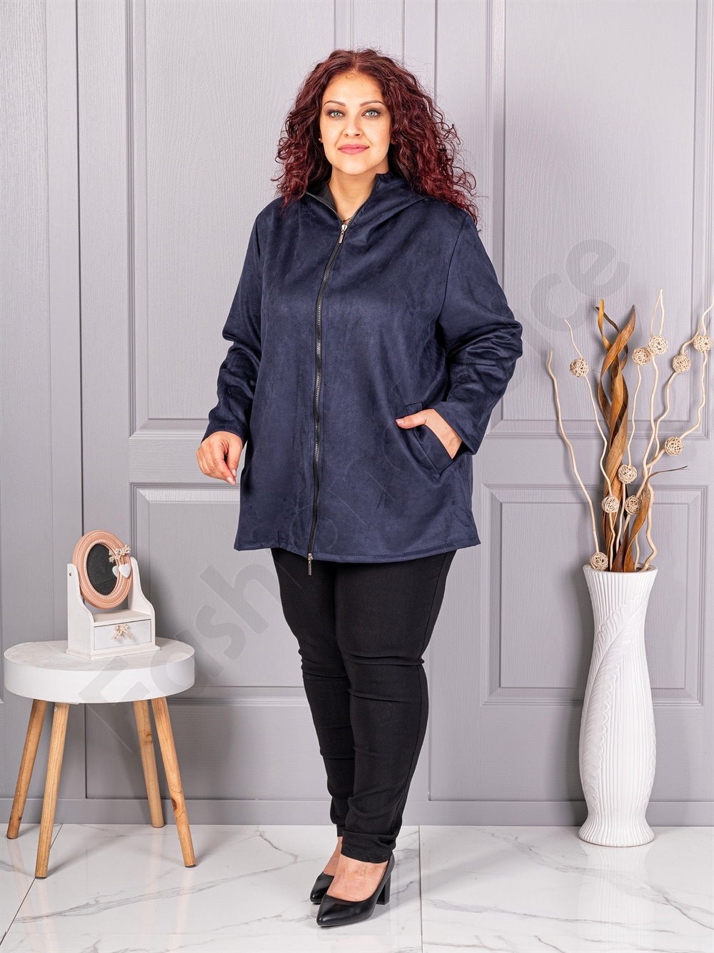 Plus size ζακέτα με όψη καστόρ-μπλε σκούρο-κωδ 5250-2