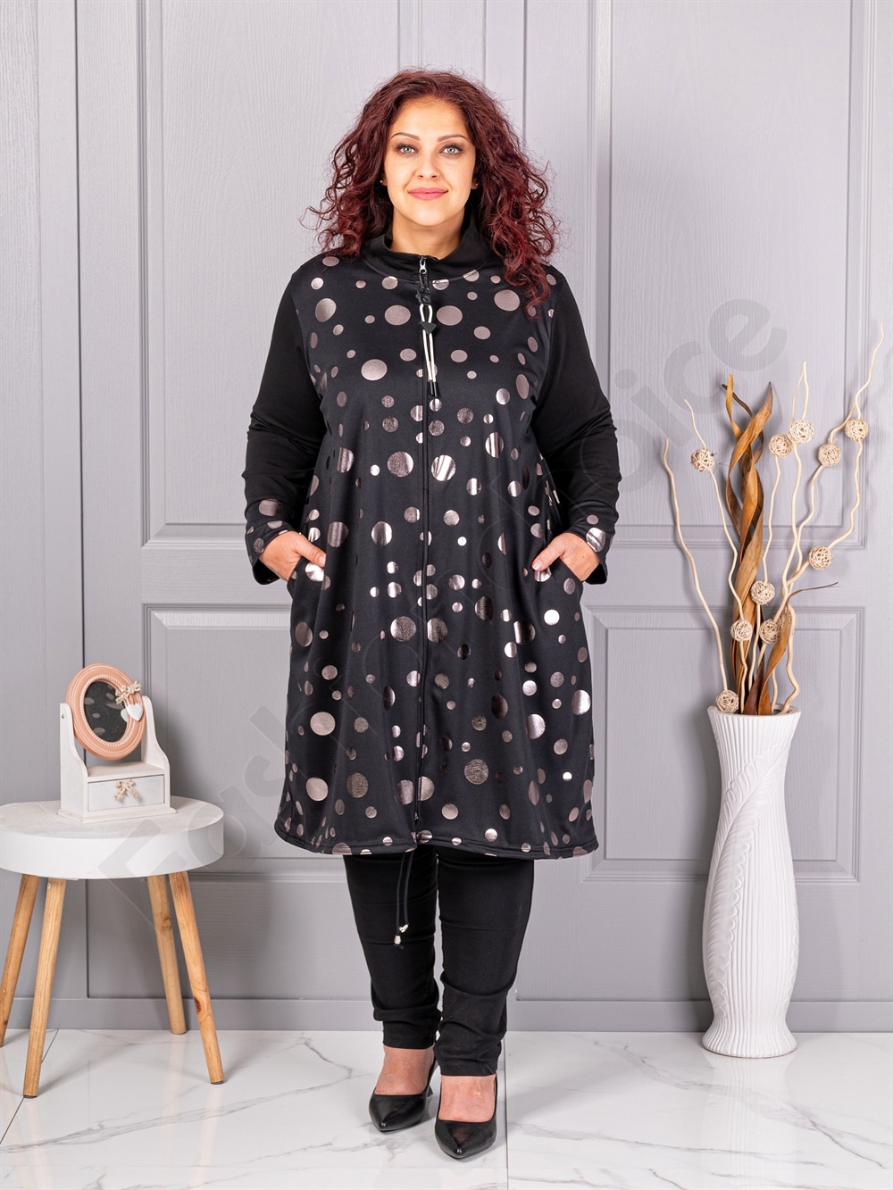 Plus size καμπαρντίνα με ασημί πουά-κωδ 1454-3