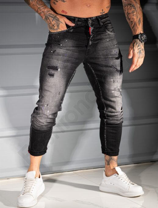 Ανδρικό τζιν παντελόνι Skinny με πιτσιλιές-μαύρο-κωδ 498-01