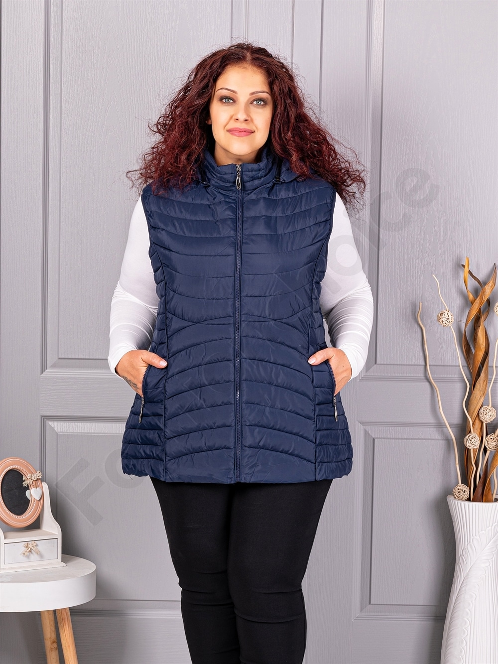 Plus size αμάνικο μπουφάν καπιτονέ-μπλε σκούρο-κωδ 605-4