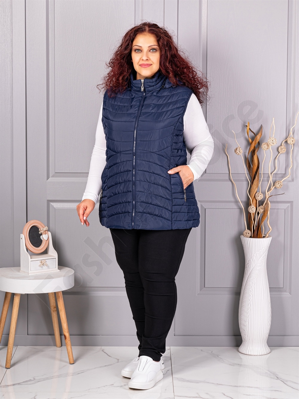 Plus size αμάνικο μπουφάν καπιτονέ-μπλε σκούρο-κωδ 605-4