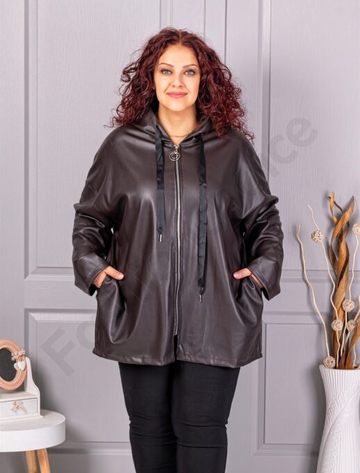 Plus size τζάκετ σε όψη δερματίνης-καφέ-κωδ 53248-1