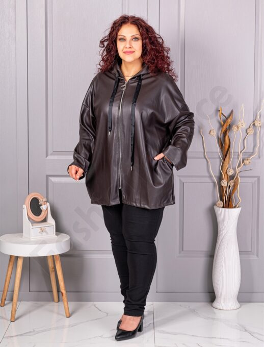 Plus size τζάκετ σε όψη δερματίνης-καφέ-κωδ 53248-1