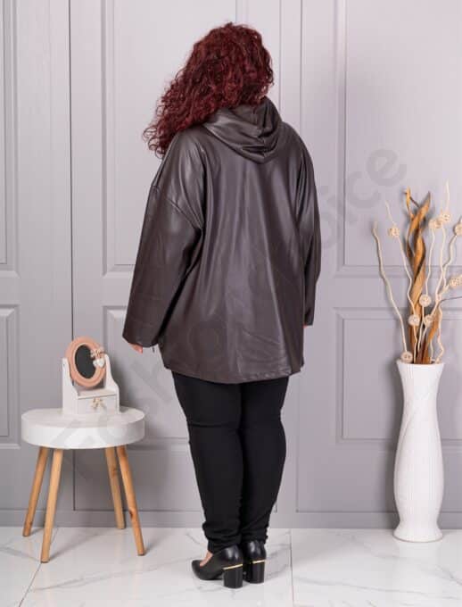 Plus size τζάκετ σε όψη δερματίνης-καφέ-κωδ 53248-1