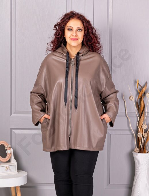 Plus size τζάκετ σε όψη δερματίνης-μόκα-κωδ 53248-2